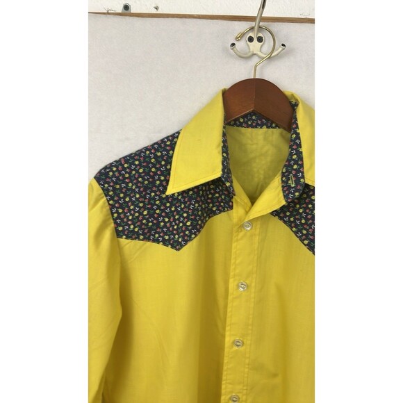 Vintage Retro Western Button Down Shirt Yellow Blue Ditzy Floral Single Stitch - Picture 2 of 12